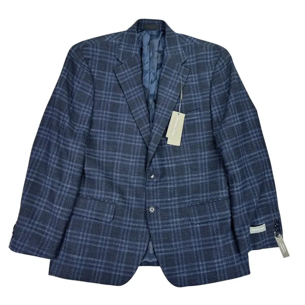 Michael Kors Mens Kent Classic Fit Stretch Plaid Sport Coat Midnight Navy 42S